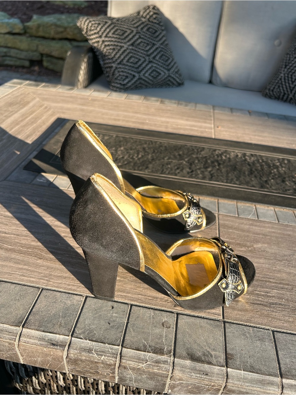 Nine West Black and Gold D'Orsay Mid-Heels with Decorative Buckle